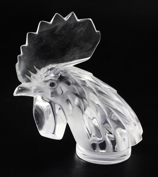 Tête de Coq/Cocks head. A glass mascot by René Lalique, introduced on 3/2/1928, No.11807, Height 17.5cm.